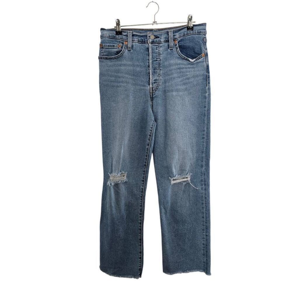 Levi's Ribcage Ankle Jeans Women's 29 Blue Denim Distressed Button Fly Straight‎